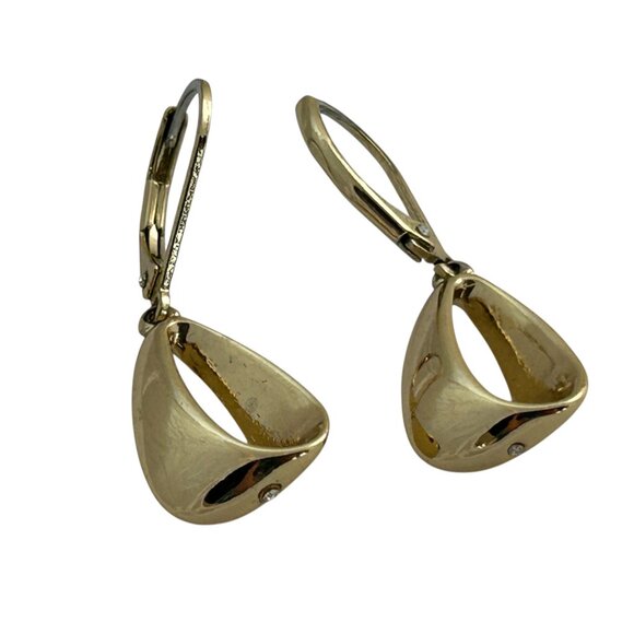 Gold Tone Open Teardrop Earrings Rhinestones High Polish Sculptural Sleek - Picture 1 of 4